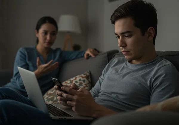Person looking distracted, avoiding emotional conversation.