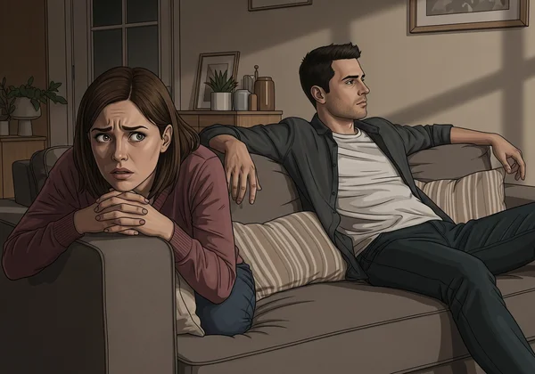 Couple having a serious conversation on a sofa